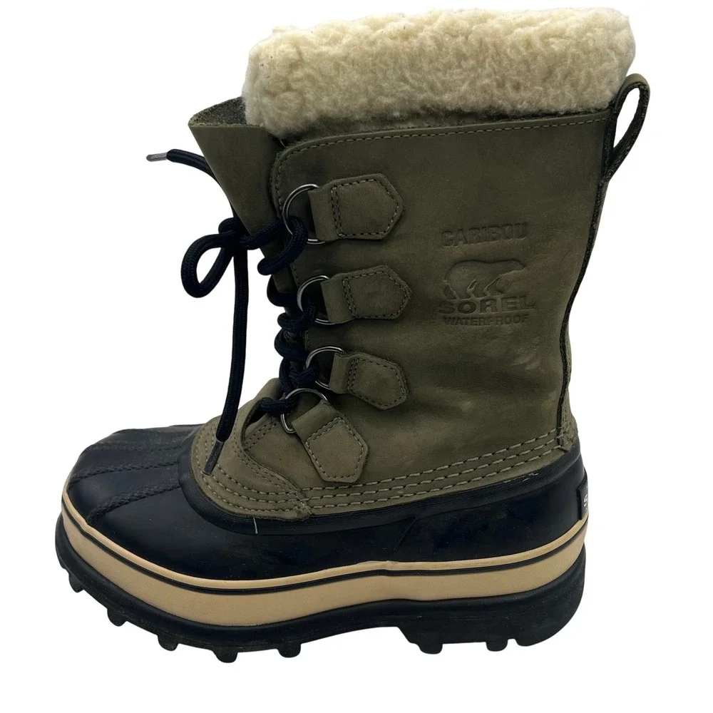 Sorel‎ Caribou Waterproof Winter Boots Women's Size 6 Tan Green Fur Lined